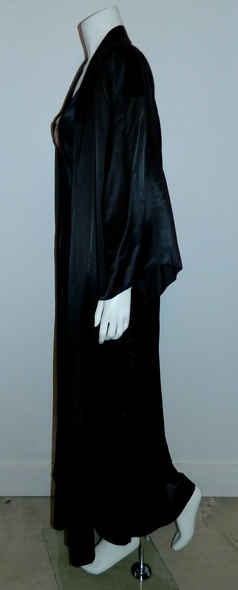 black satin Ora Feder nightgown robe peignoir set / hand embroidery / 1970s vintage