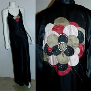 black satin Ora Feder nightgown robe peignoir set / hand embroidery / 1970s vintage