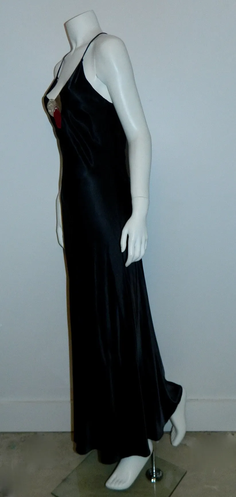 black satin Ora Feder nightgown robe peignoir set / hand embroidery / 1970s vintage