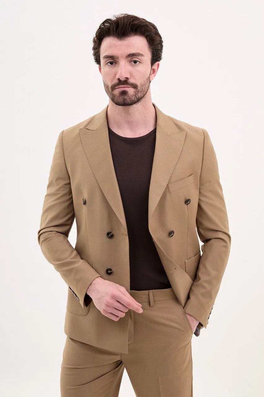 Bojoni Pezza Slim Fit Camel Double Breasted Blazer