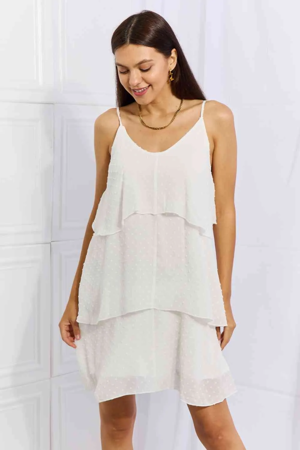 By The River Full Size Cascade Ruffle Style Cami Dress in Soft White