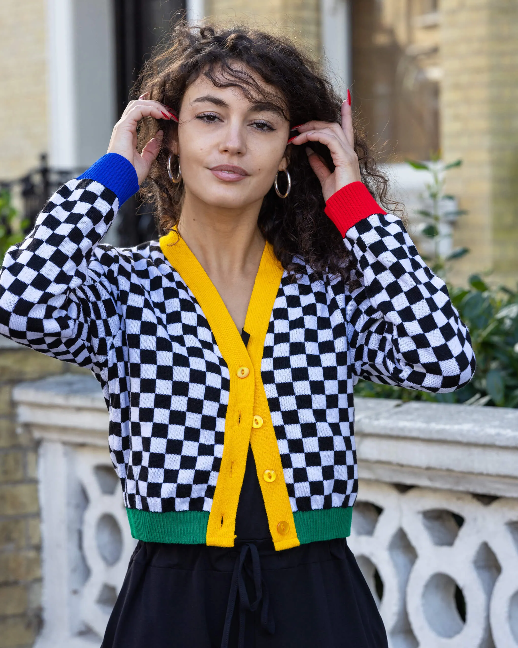 Colour Block Checkerboard Cropped Cardigan