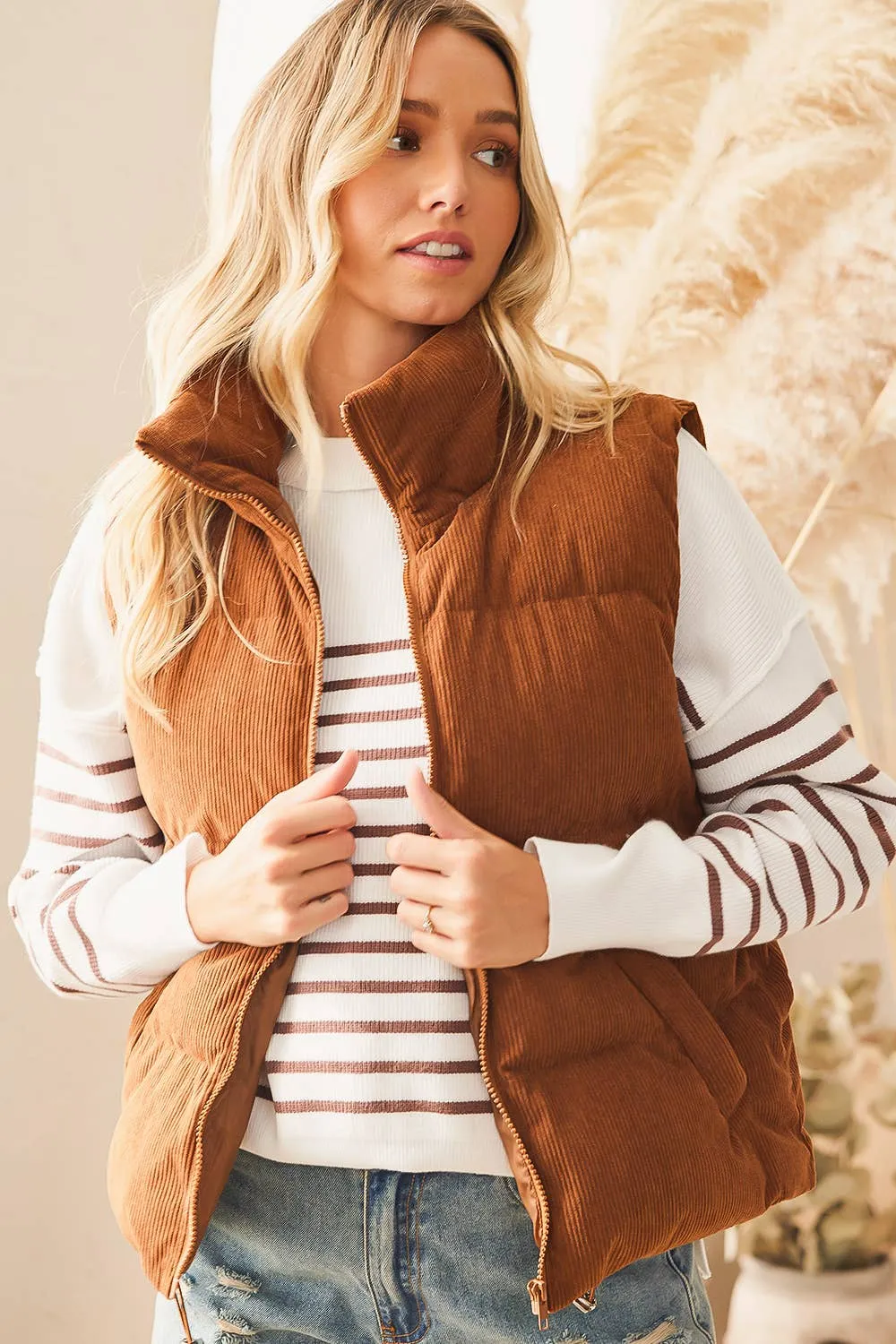 Corduroy Puffer Zip Front Vest