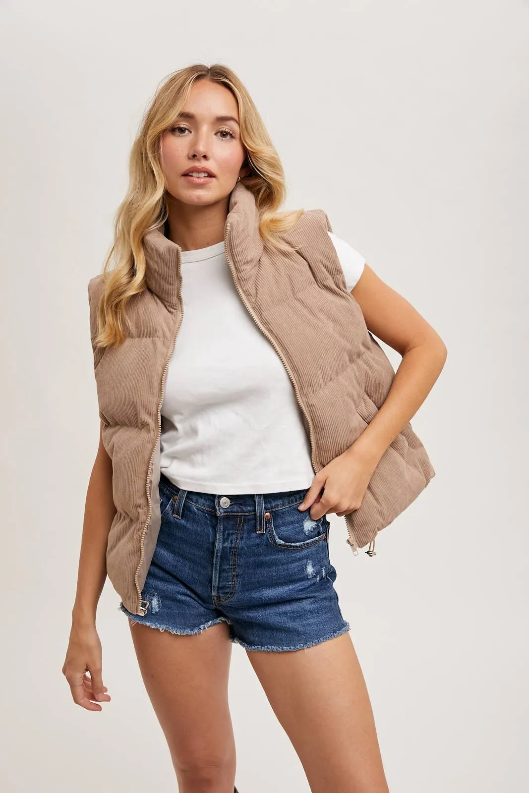 Corduroy Puffer Zip Front Vest