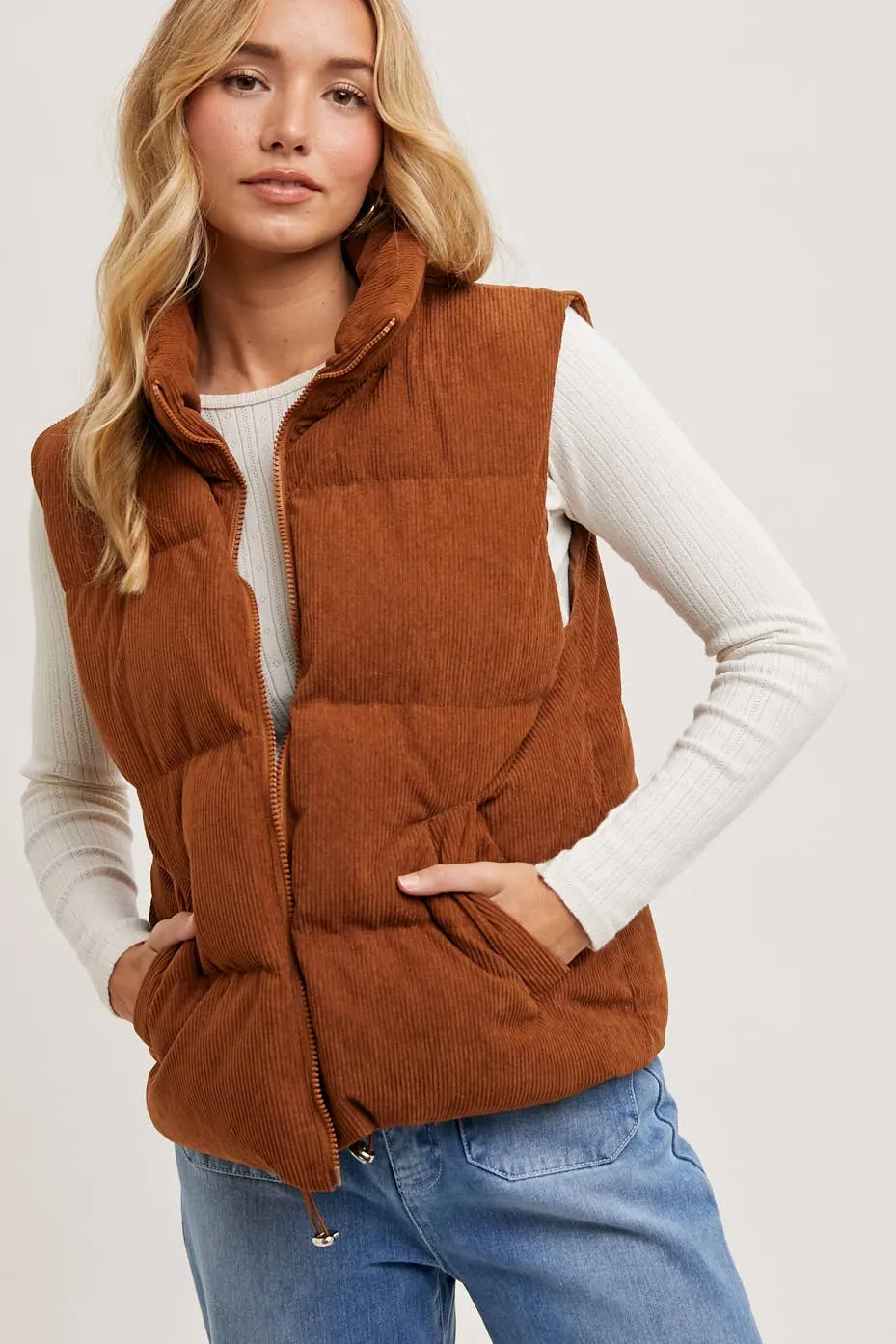 Corduroy Puffer Zip Front Vest