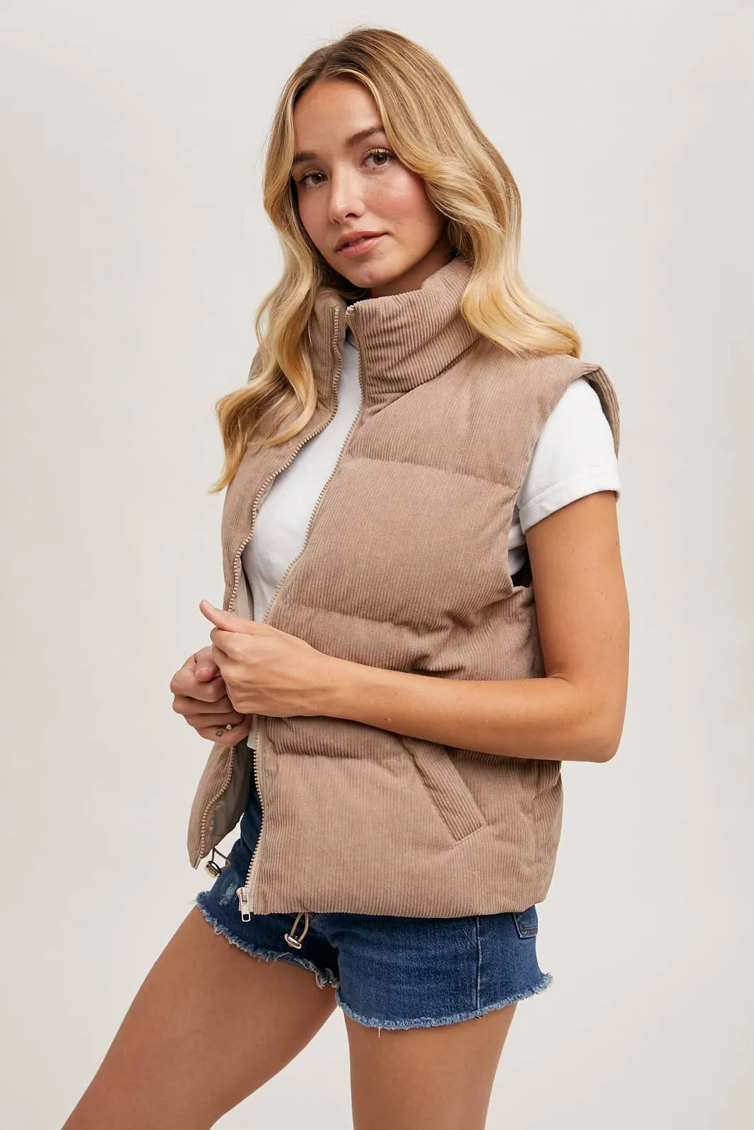 Corduroy Puffer Zip Front Vest