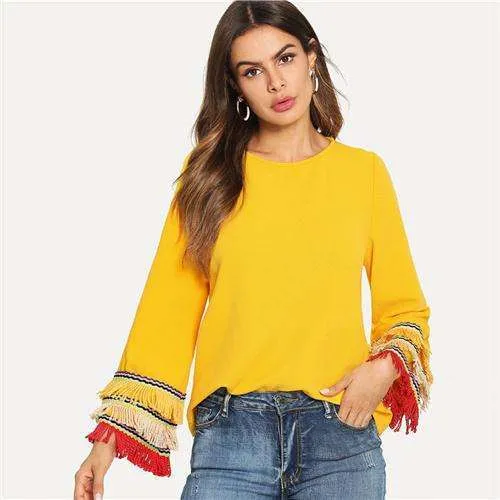 Flounce Sleeve Fringe Sunshine Top