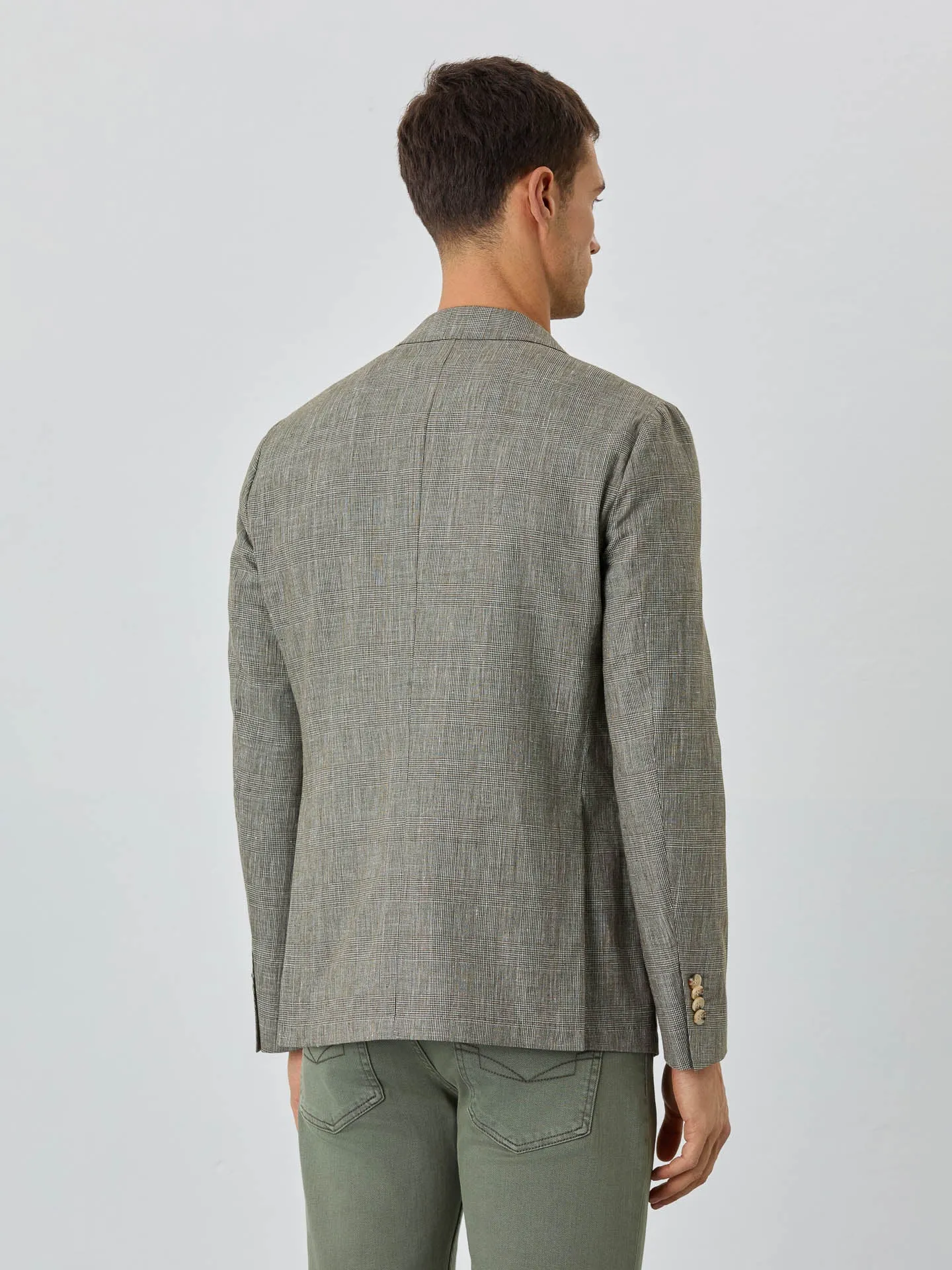 Half-Canvas Prince Of Wales Blazer With Patch Pockets In Linen Blend