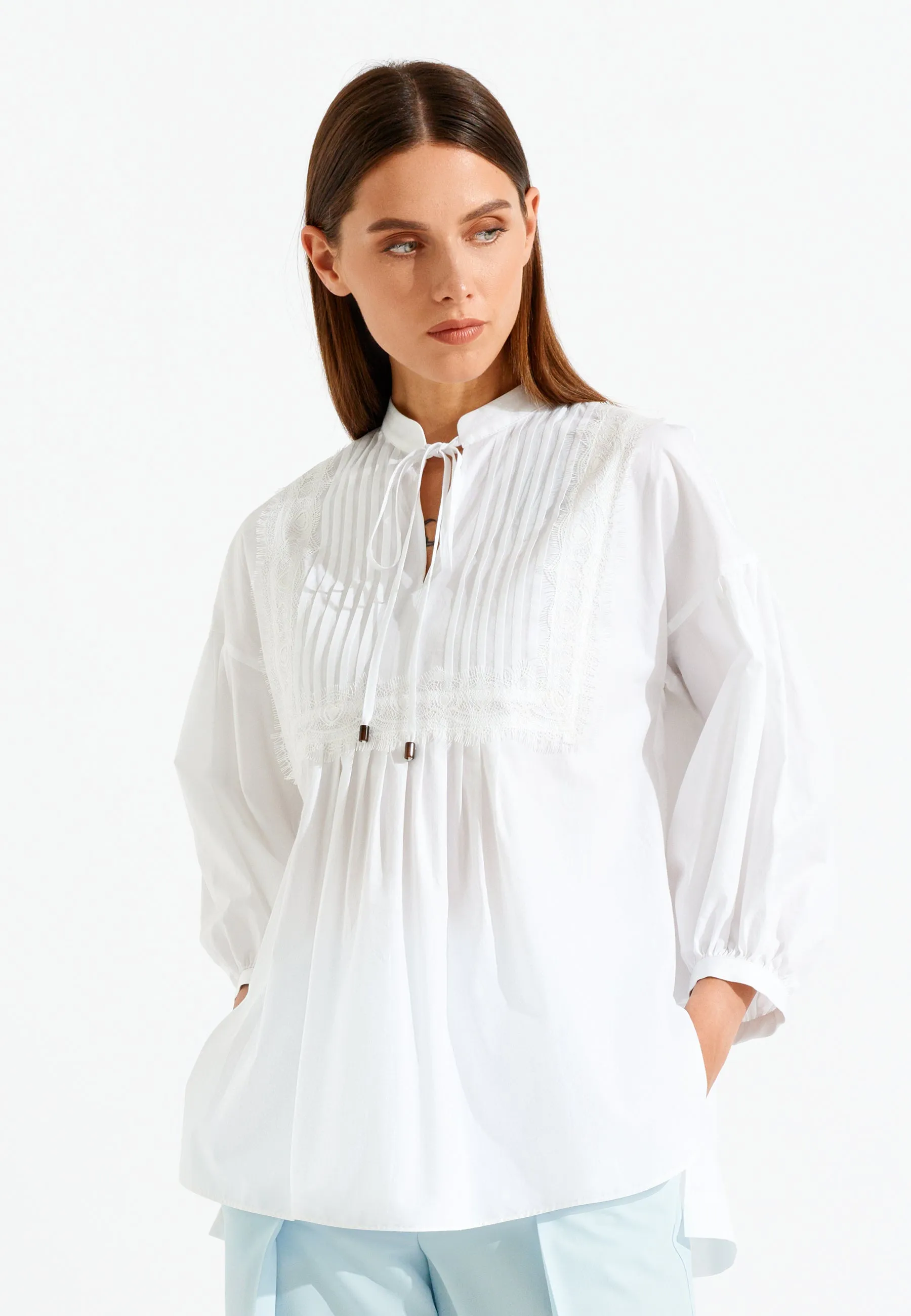 Lace Embroidered Tie Neck Elbow Sleeve Blouse