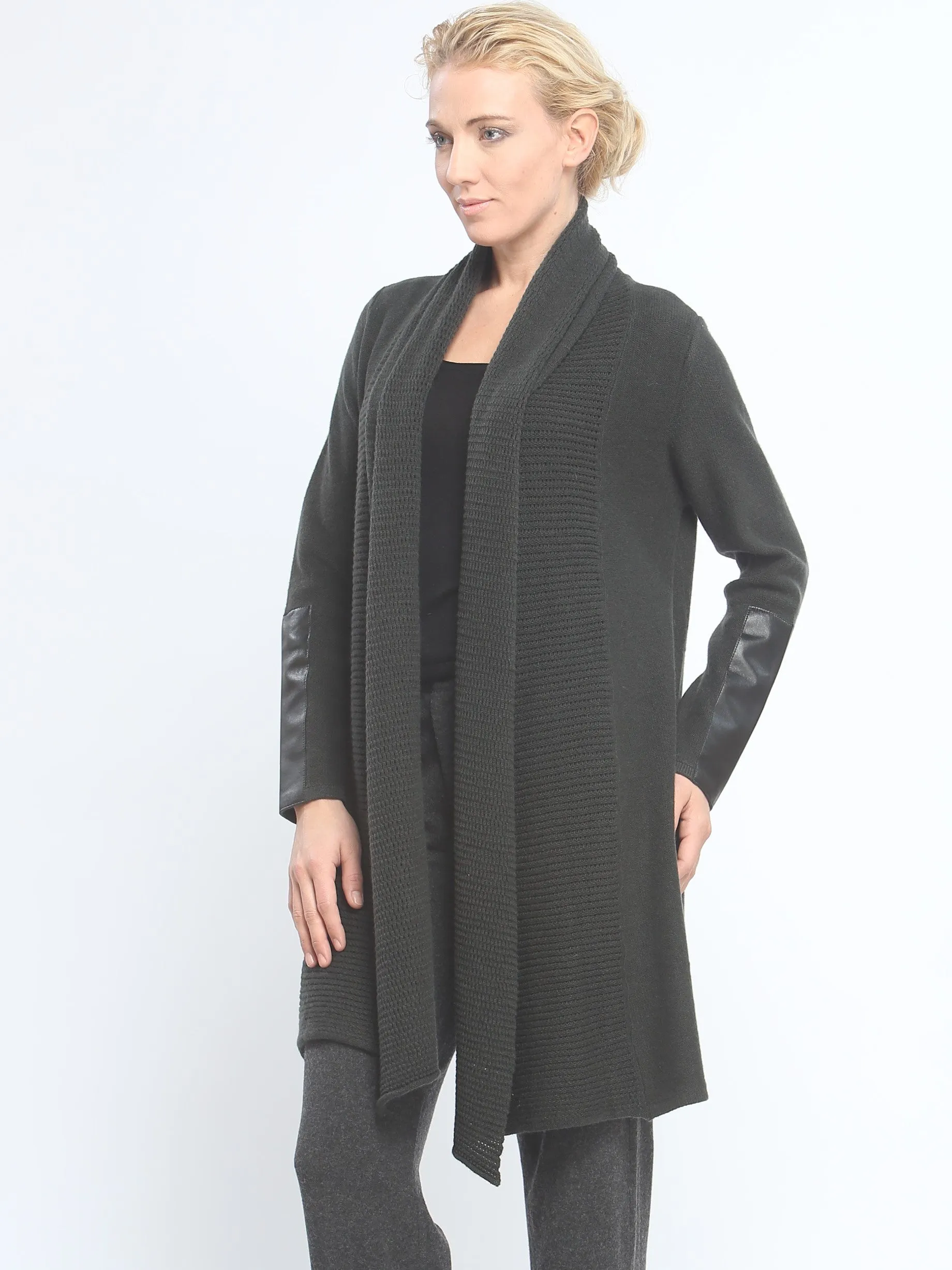 Leather Trimmed Long Wrap Coat