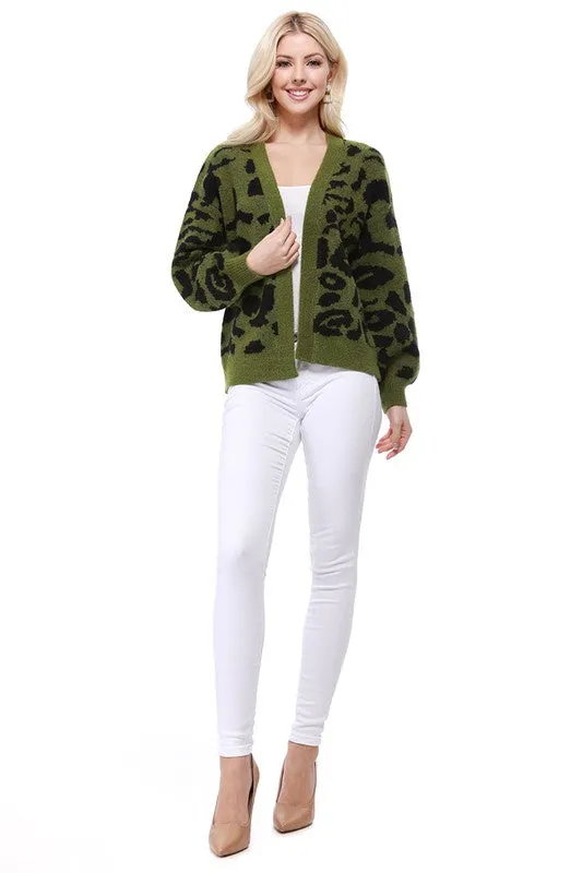 Leopard Jacquard Open Front Cardigan