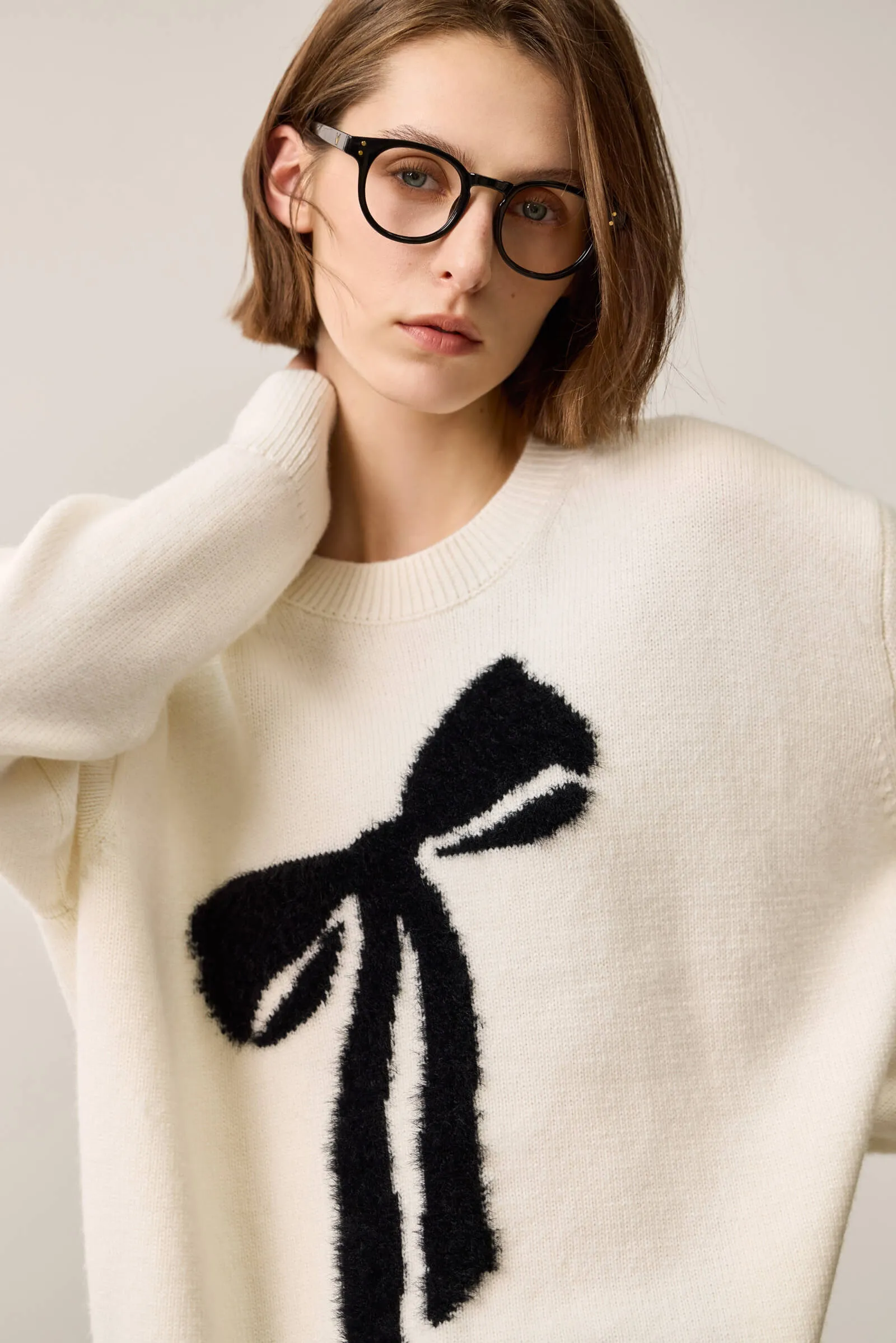 LILY Soft Color-Block Fleece-Like Bow Sweater