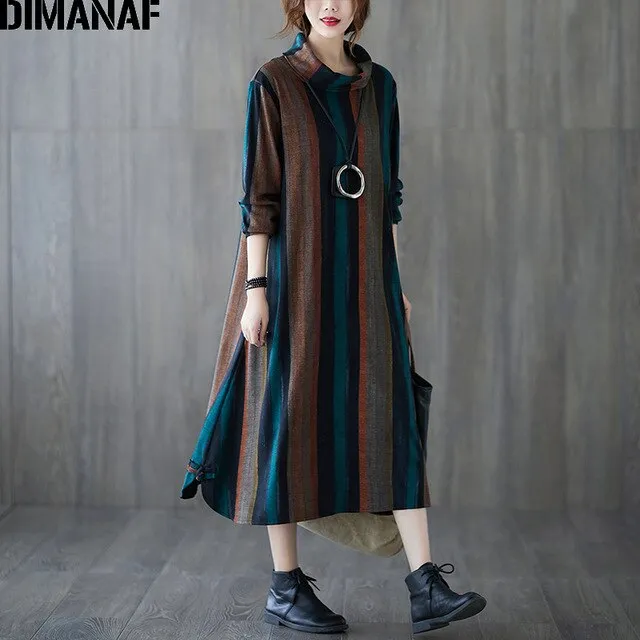 Long Sleeve Vintage Cotton Loose Elegant Dress