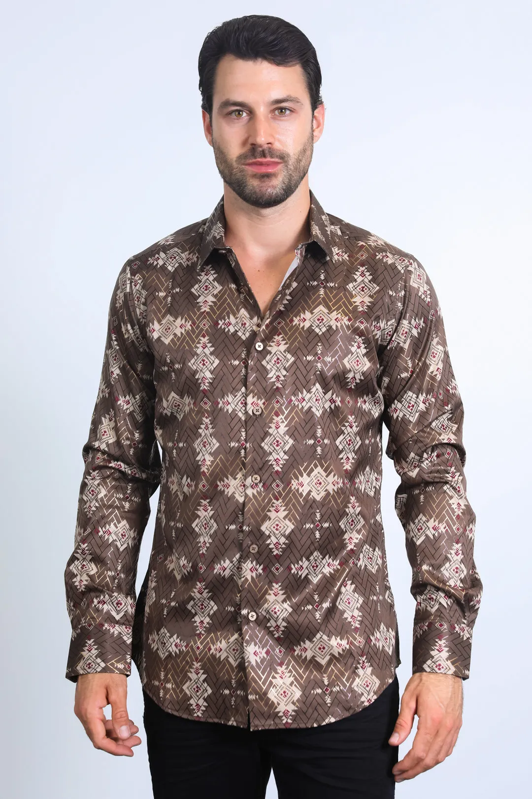 Mens Modern Fit Stretch Foil Fashion Brown Shirt