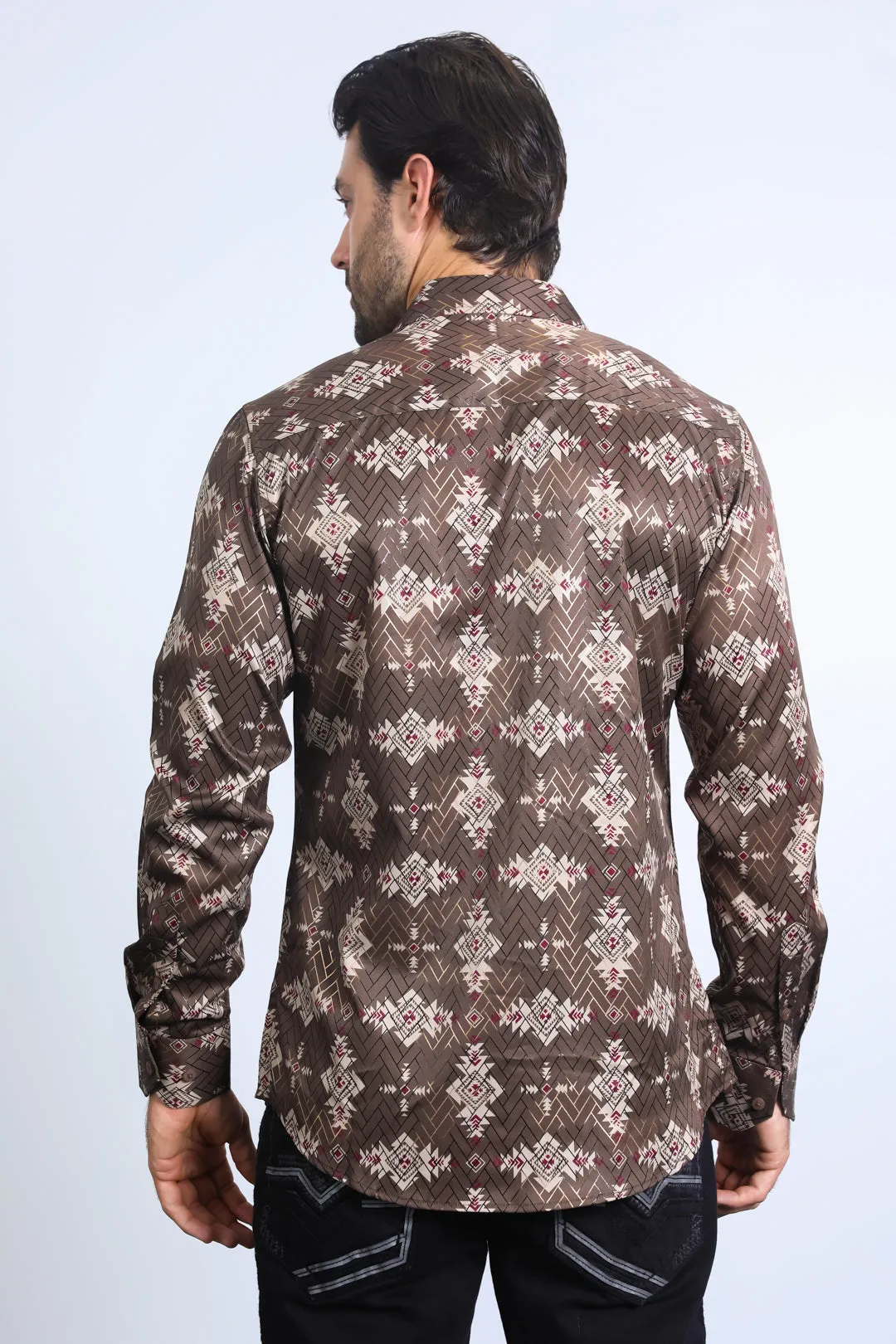 Mens Modern Fit Stretch Foil Fashion Brown Shirt