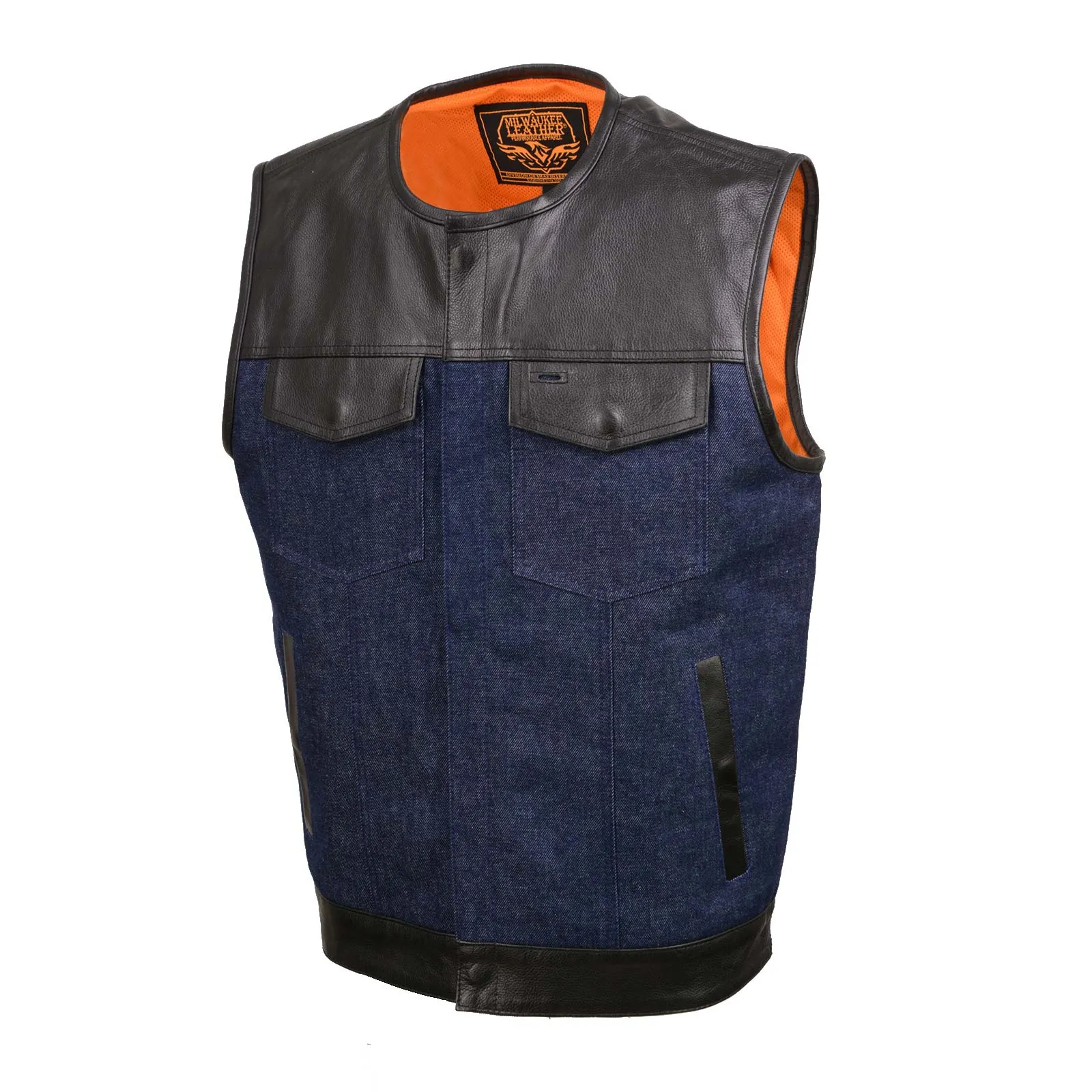 Milwaukee Leather Men's Brute Dual Closure Blue Denim and Black Leather Club Style Vest MDM3004