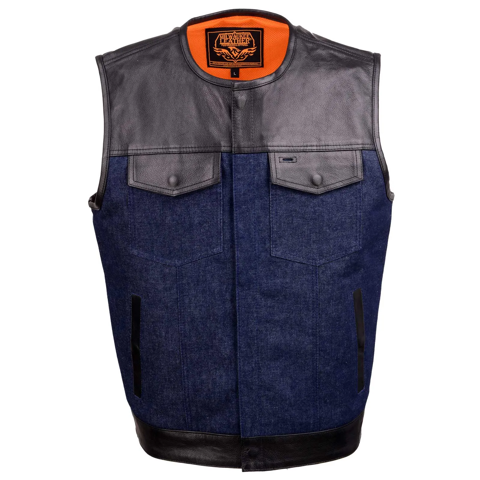 Milwaukee Leather Men's Brute Dual Closure Blue Denim and Black Leather Club Style Vest MDM3004