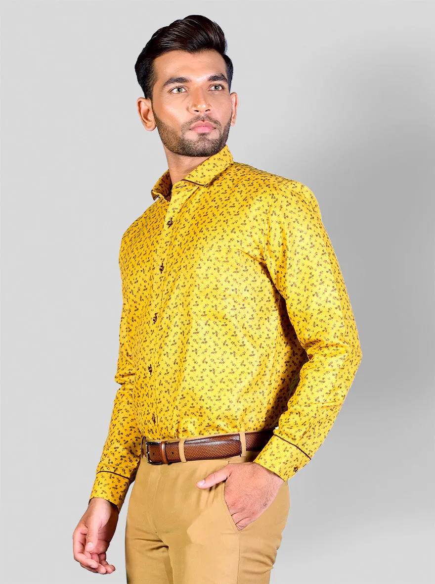 Mustard Yellow & Brown Printed Slim Fit Party Wear Shirt | Greenfibre