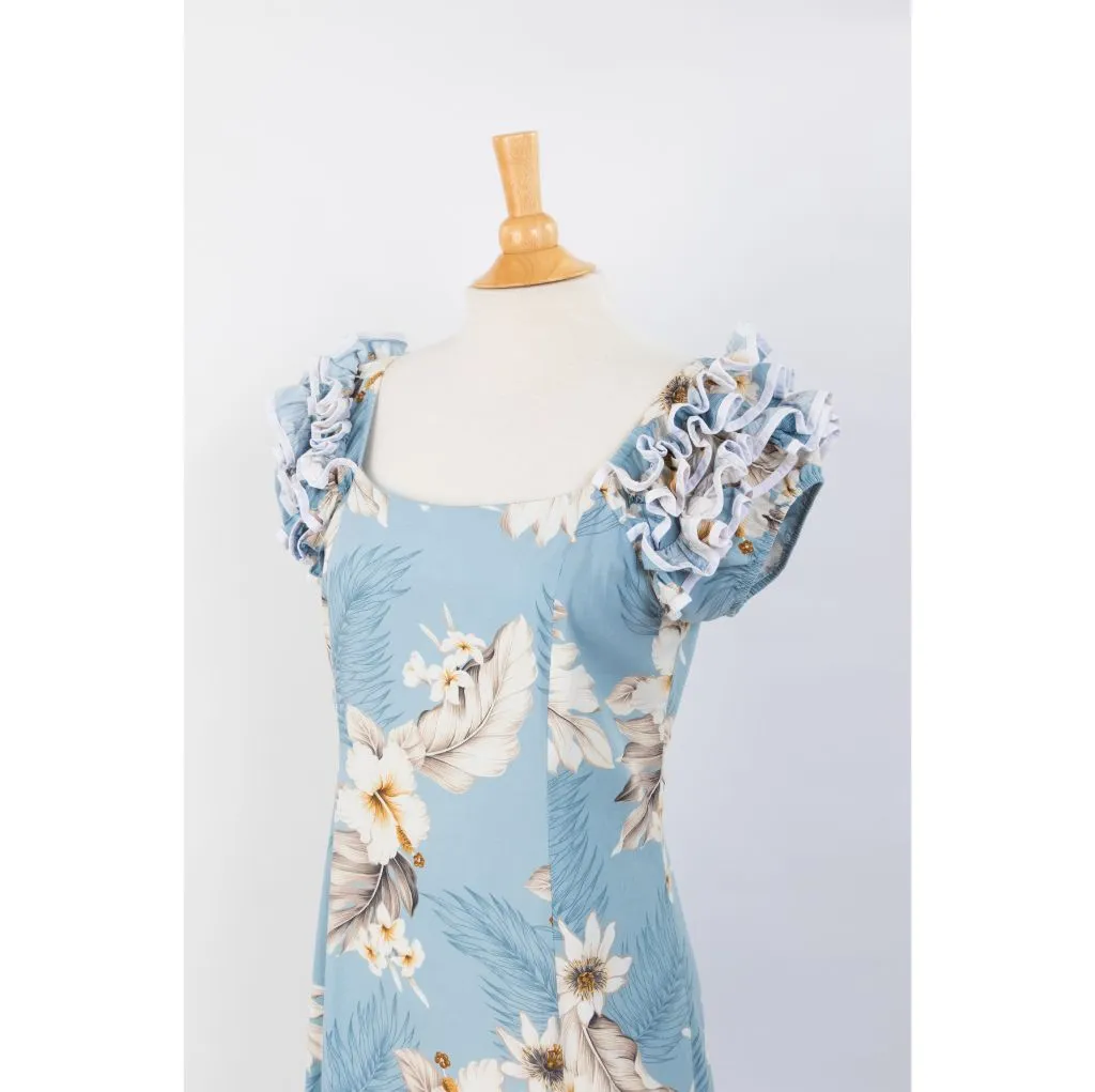 Navy Blue Hibiscus Print Ruffle Sleeve Dress