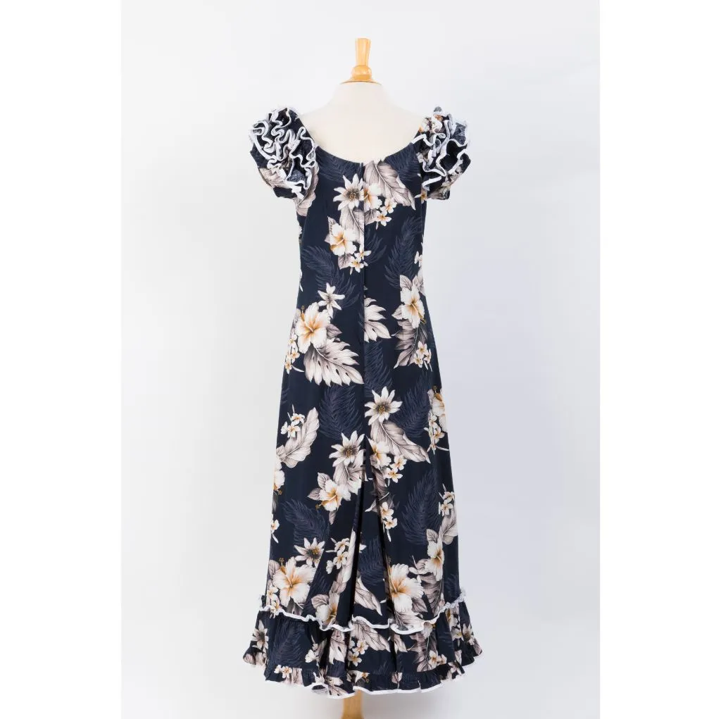 Navy Blue Hibiscus Print Ruffle Sleeve Dress