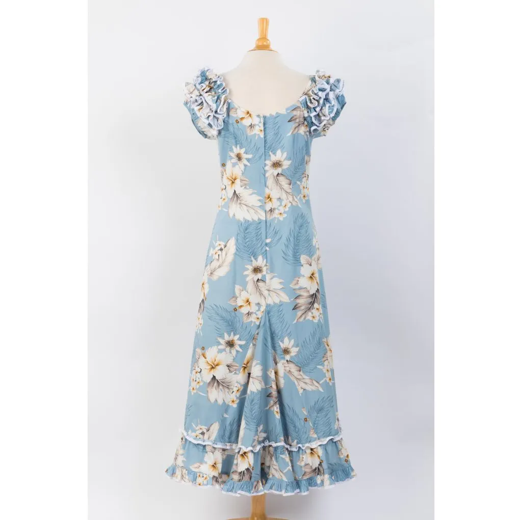 Navy Blue Hibiscus Print Ruffle Sleeve Dress