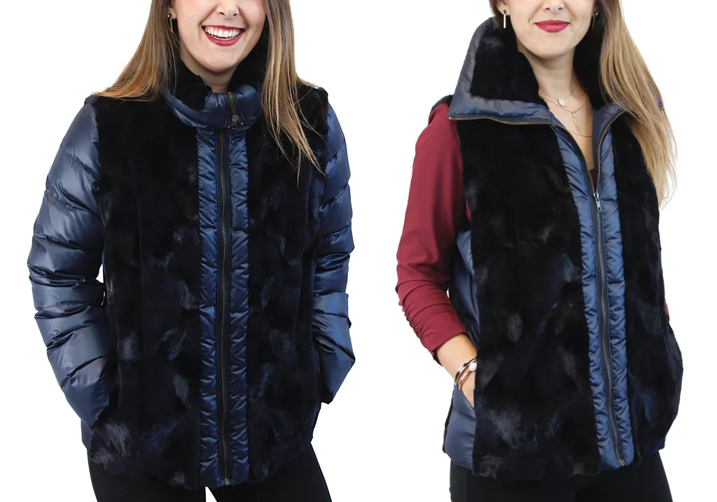 NAVY BLUE SHEARED MINK FUR PUFF JACKET/VEST - REMOVABLE SLEEVES!