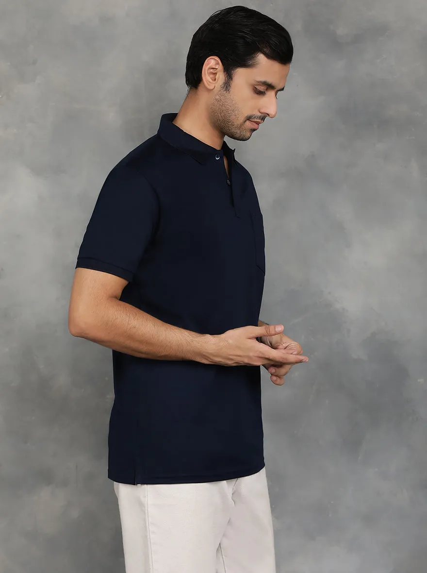 Navy Blue Solid Regular Fit Polo T-Shirt | JadeBlue