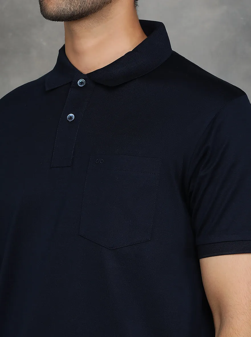 Navy Blue Solid Regular Fit Polo T-Shirt | JadeBlue