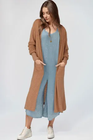 Open Front Long Sleeve Longline Slit Cardigan