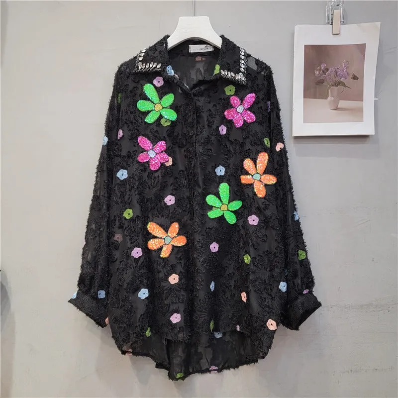 Pre Order:  Sequin Flower Loose Long Sleeve Thin Shirt