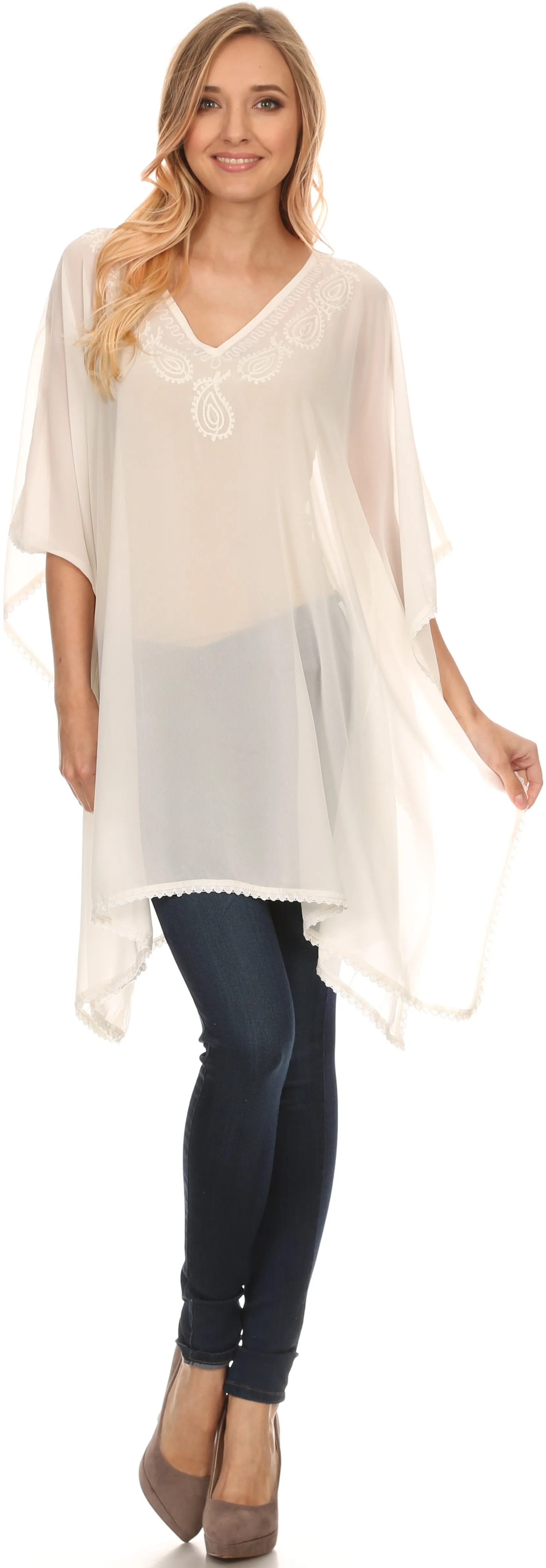 Sakkas Mikaee Sheer Wide Long Tall V-Neck Lace Embroidered Poncho Top Blouse