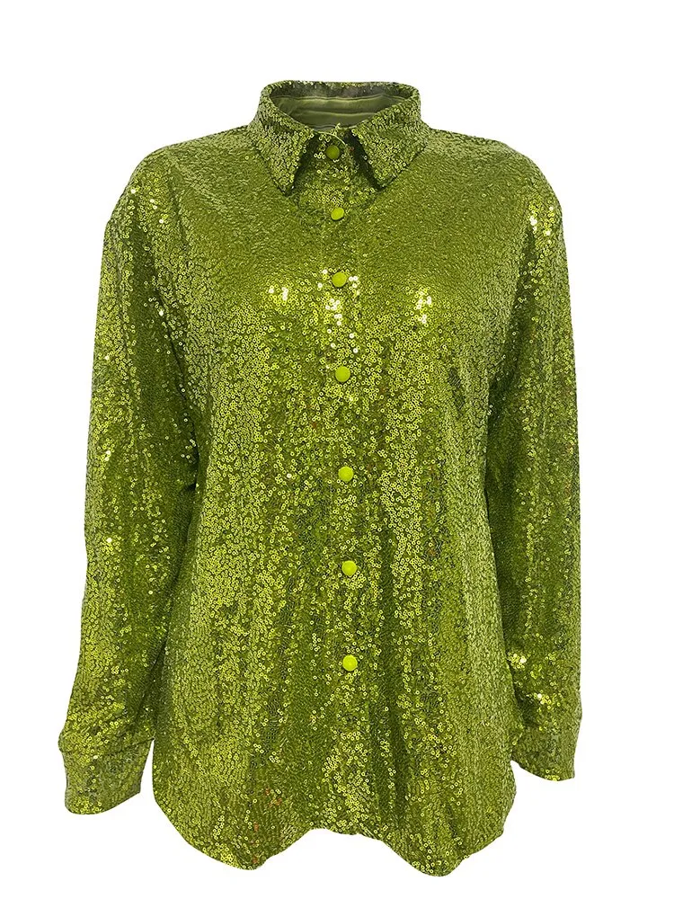 Sexy Blouses Sequins Shirt Pink Top Women Green Single Breasted Oversized Shirt Autumn Winter Party Club Outfits Y2K Clothes