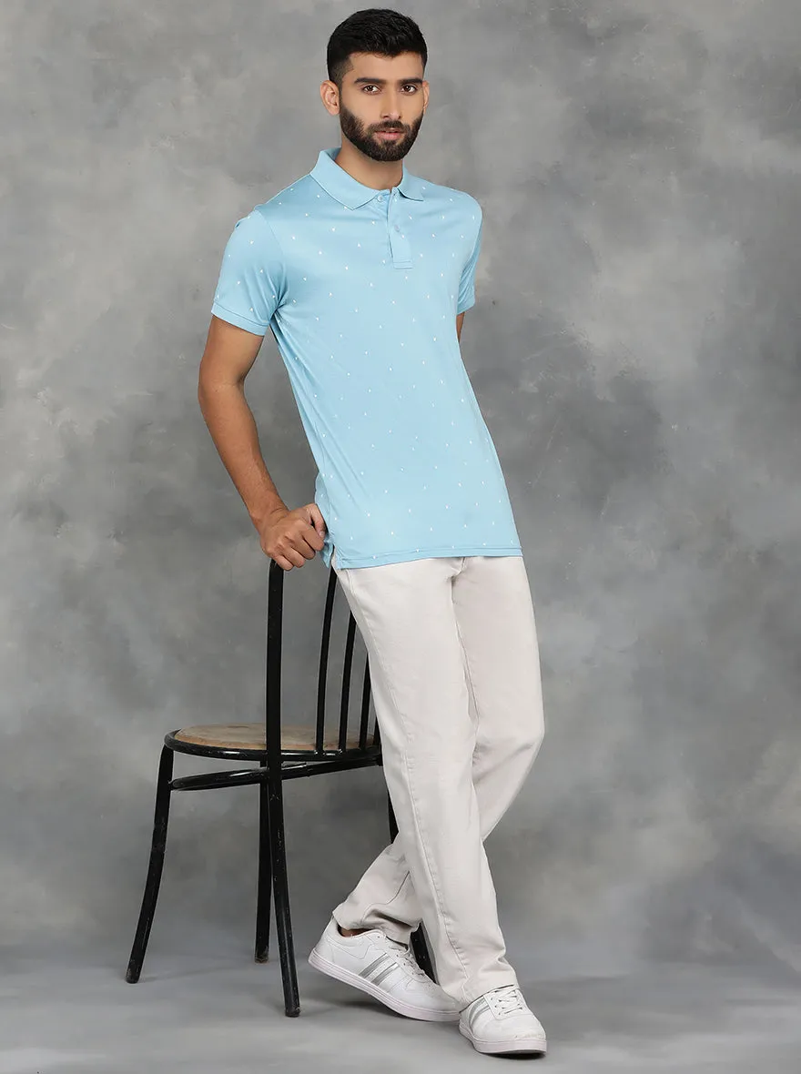 Sky Blue Printed Regular Fit Polo T-Shirt | JadeBlue