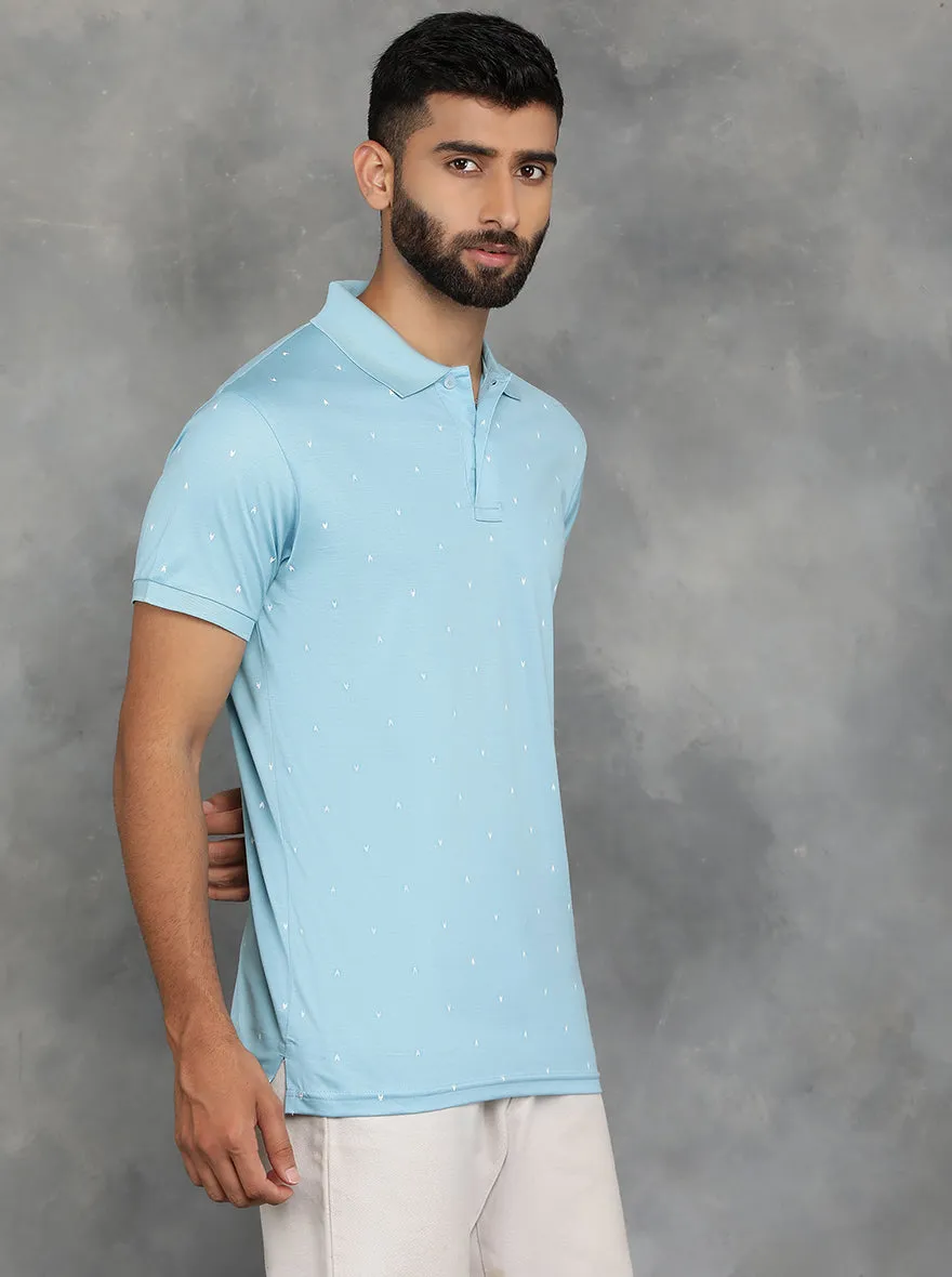 Sky Blue Printed Regular Fit Polo T-Shirt | JadeBlue