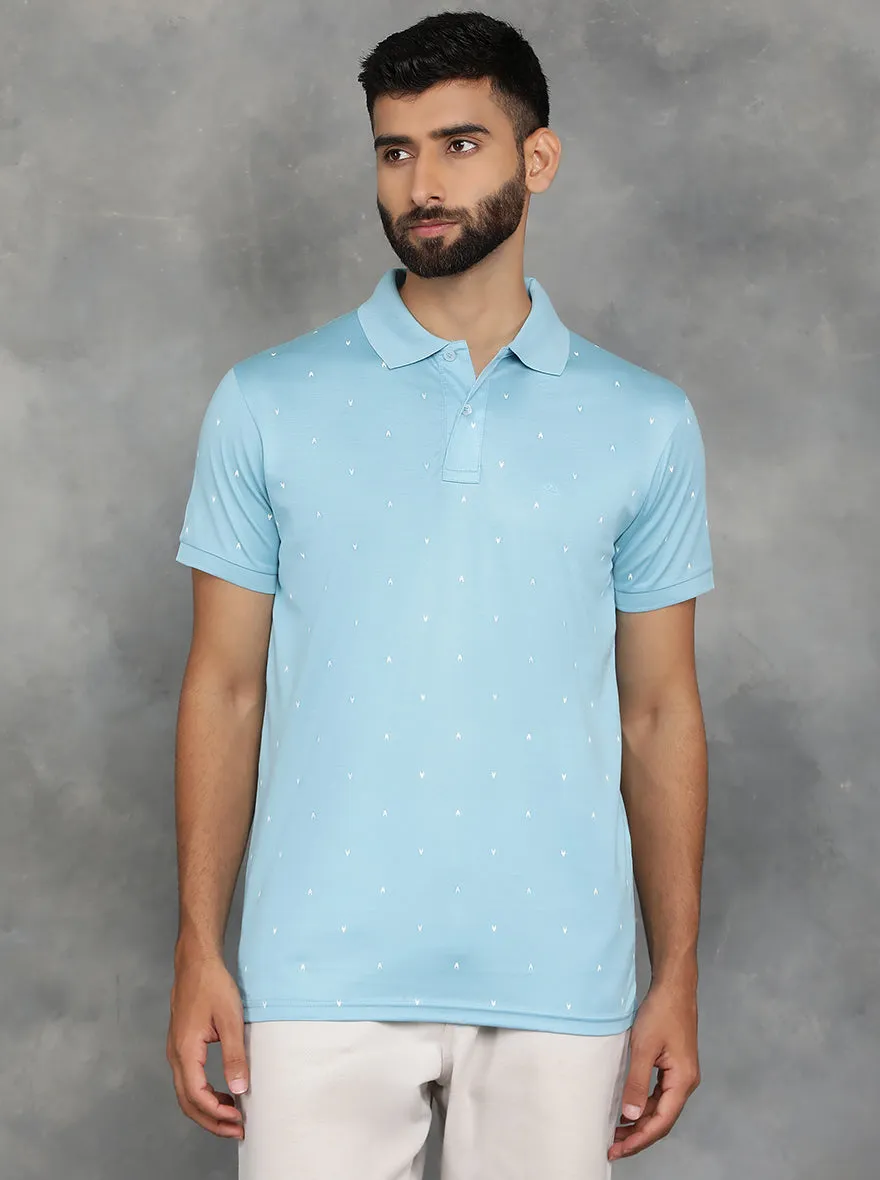 Sky Blue Printed Regular Fit Polo T-Shirt | JadeBlue