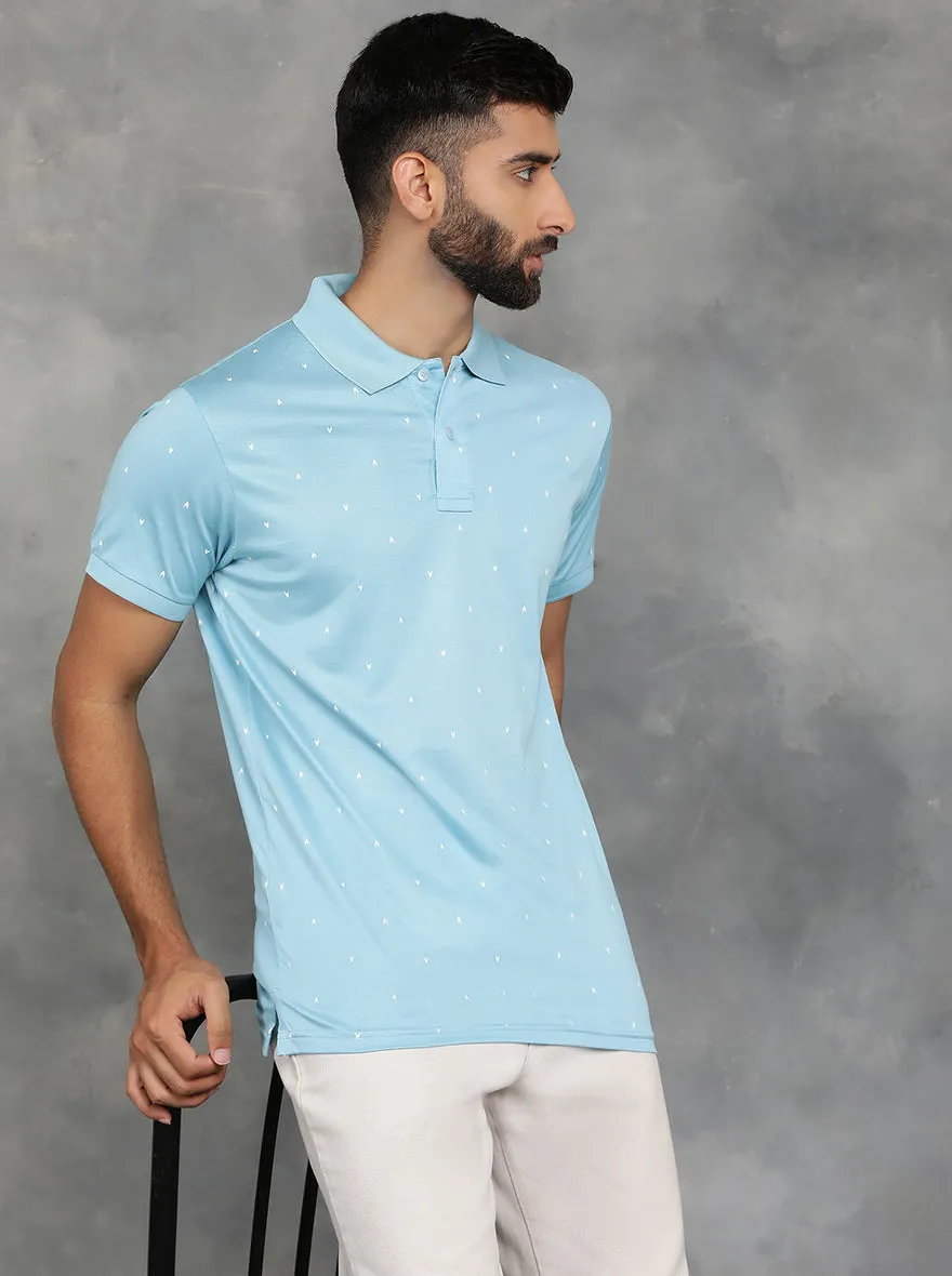 Sky Blue Printed Regular Fit Polo T-Shirt | JadeBlue