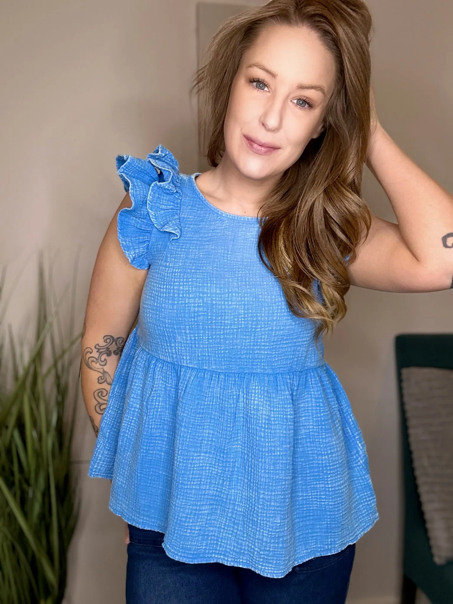 Sky Blue Washed Cotton Peplum Tank