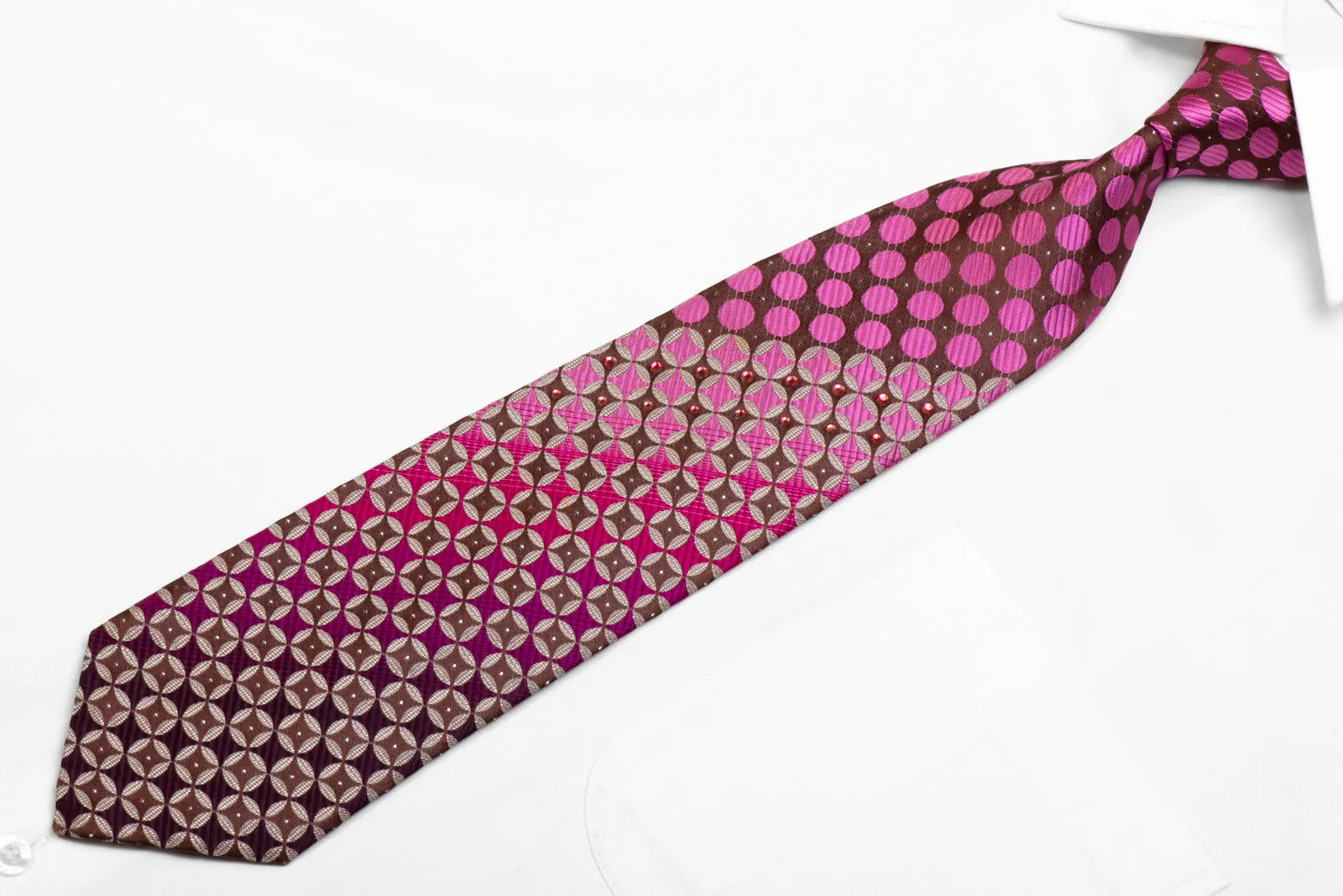 The Shirts Studio Rhinestone Silk Necktie Purple Silver Geometric On Brown With Sparkles