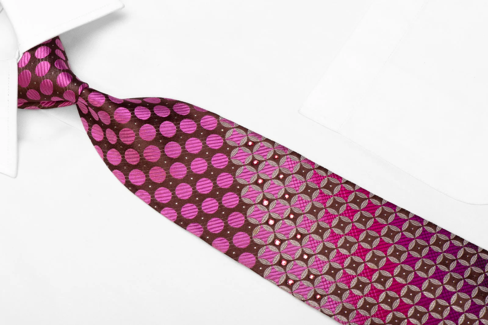 The Shirts Studio Rhinestone Silk Necktie Purple Silver Geometric On Brown With Sparkles