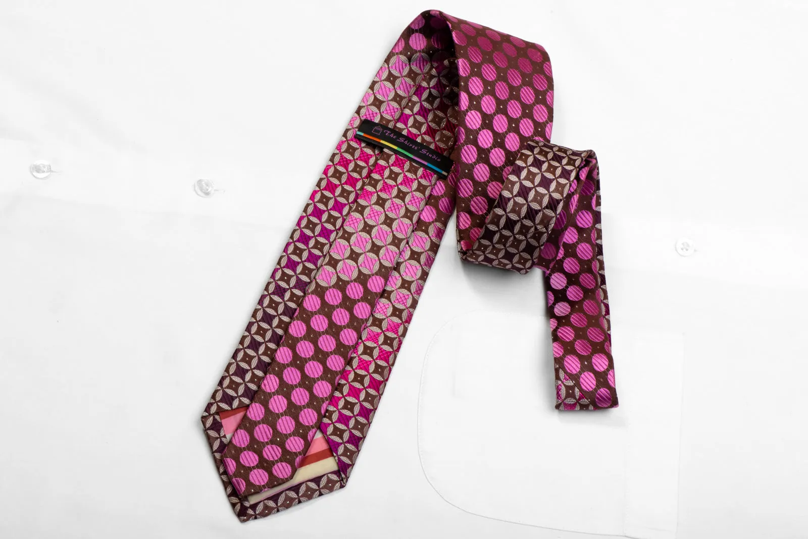 The Shirts Studio Rhinestone Silk Necktie Purple Silver Geometric On Brown With Sparkles