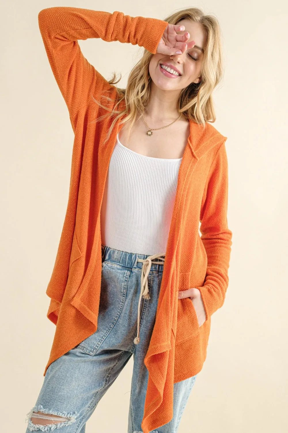 Thermal Hooded Open Front Cardigan with Pockets