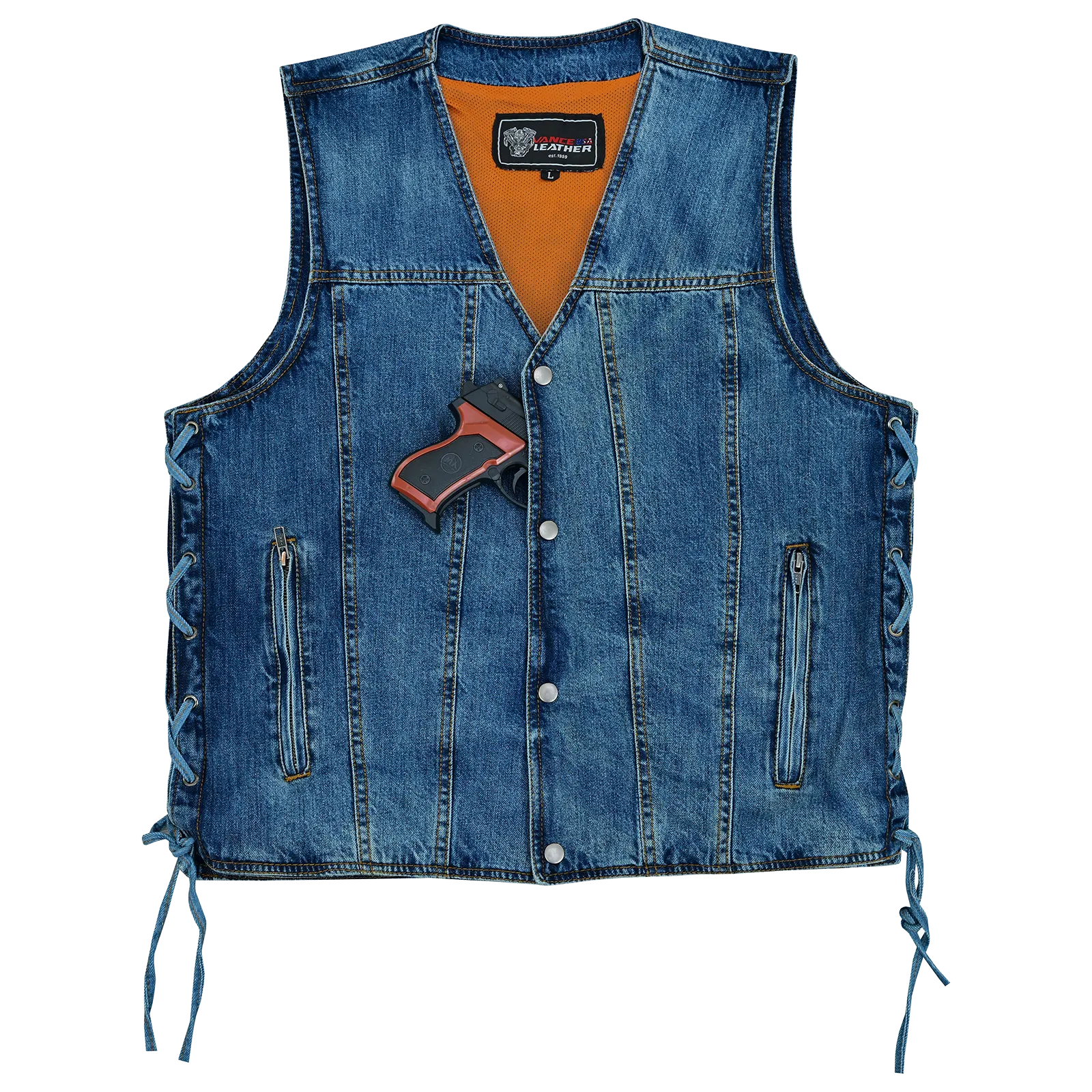 VB939BL Men's Blue V-Neck Denim Vest for Motorcycle Riders