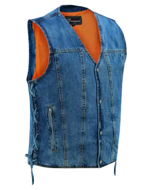 VB939BL Men's Blue V-Neck Denim Vest for Motorcycle Riders