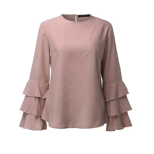 Women Blouses Shirts Autumn Shirts Elegant Ladies O-Neck Flounce Long