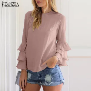 Women Blouses Shirts Autumn Shirts Elegant Ladies O-Neck Flounce Long