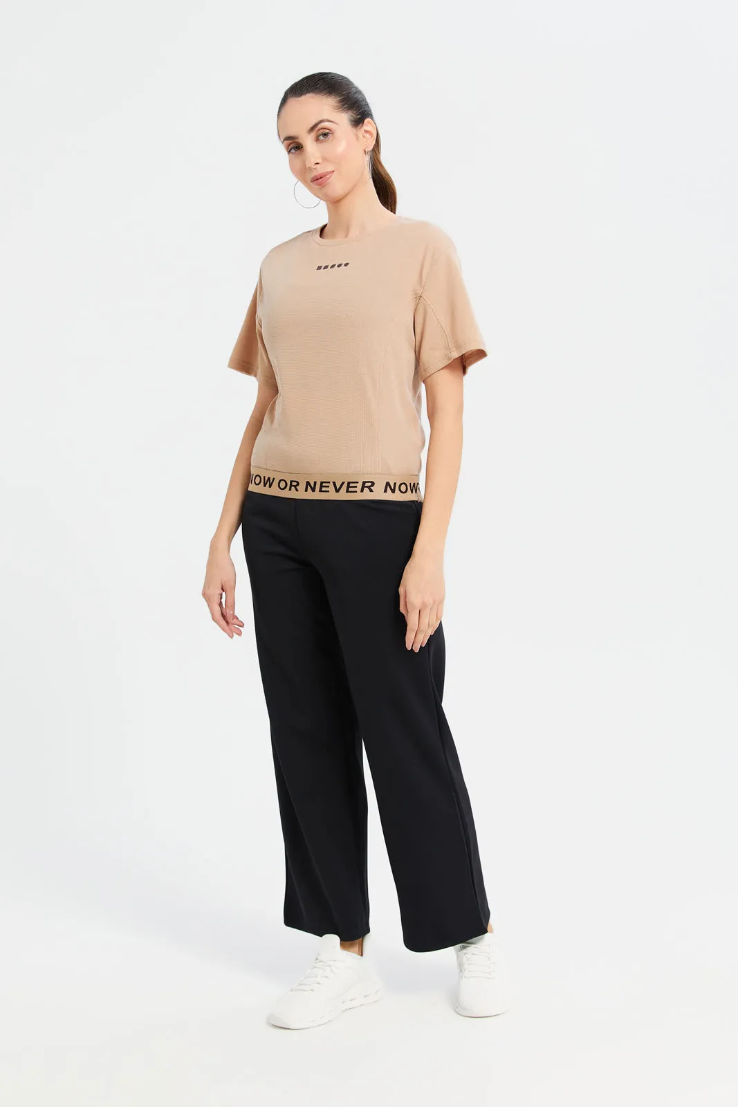 Women Brown Cropped T-Shirt With Waistband Details