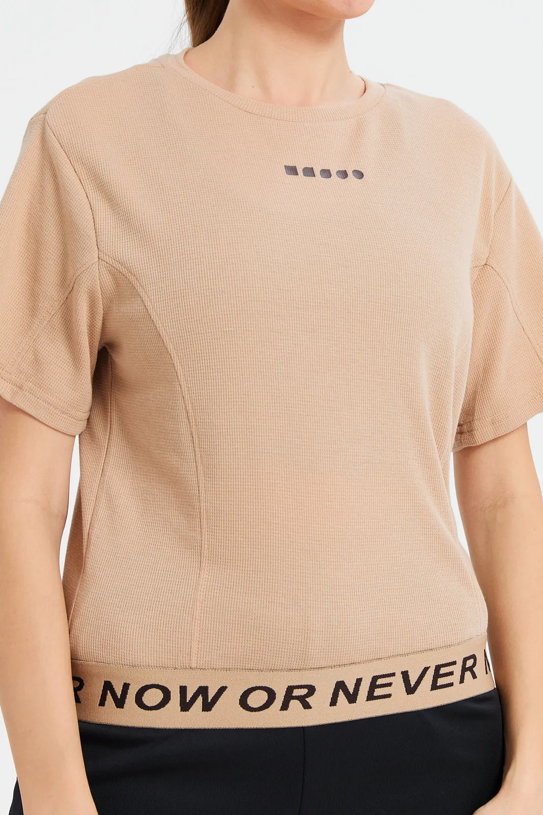 Women Brown Cropped T-Shirt With Waistband Details