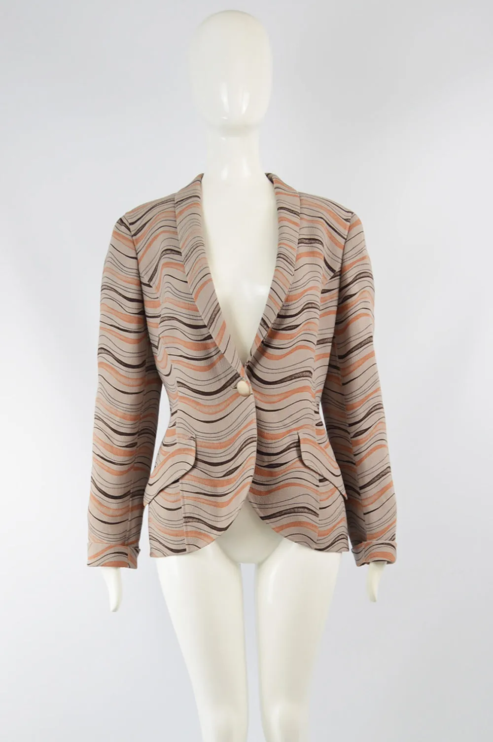 Womens Vintage Taupe & Orange Crepe Sculptural Blazer, 1980s